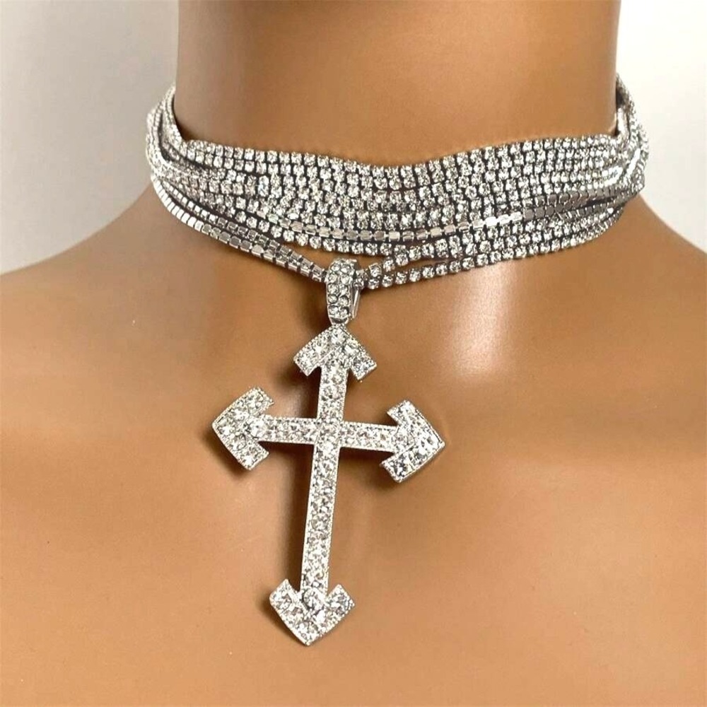 Silver Goth Rhinestone Multi Strand Choker Necklace Large Cross Pendant White